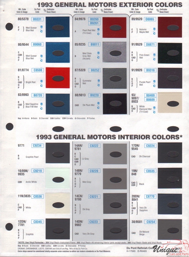 1993 General Motors Paint Charts DuPont 3